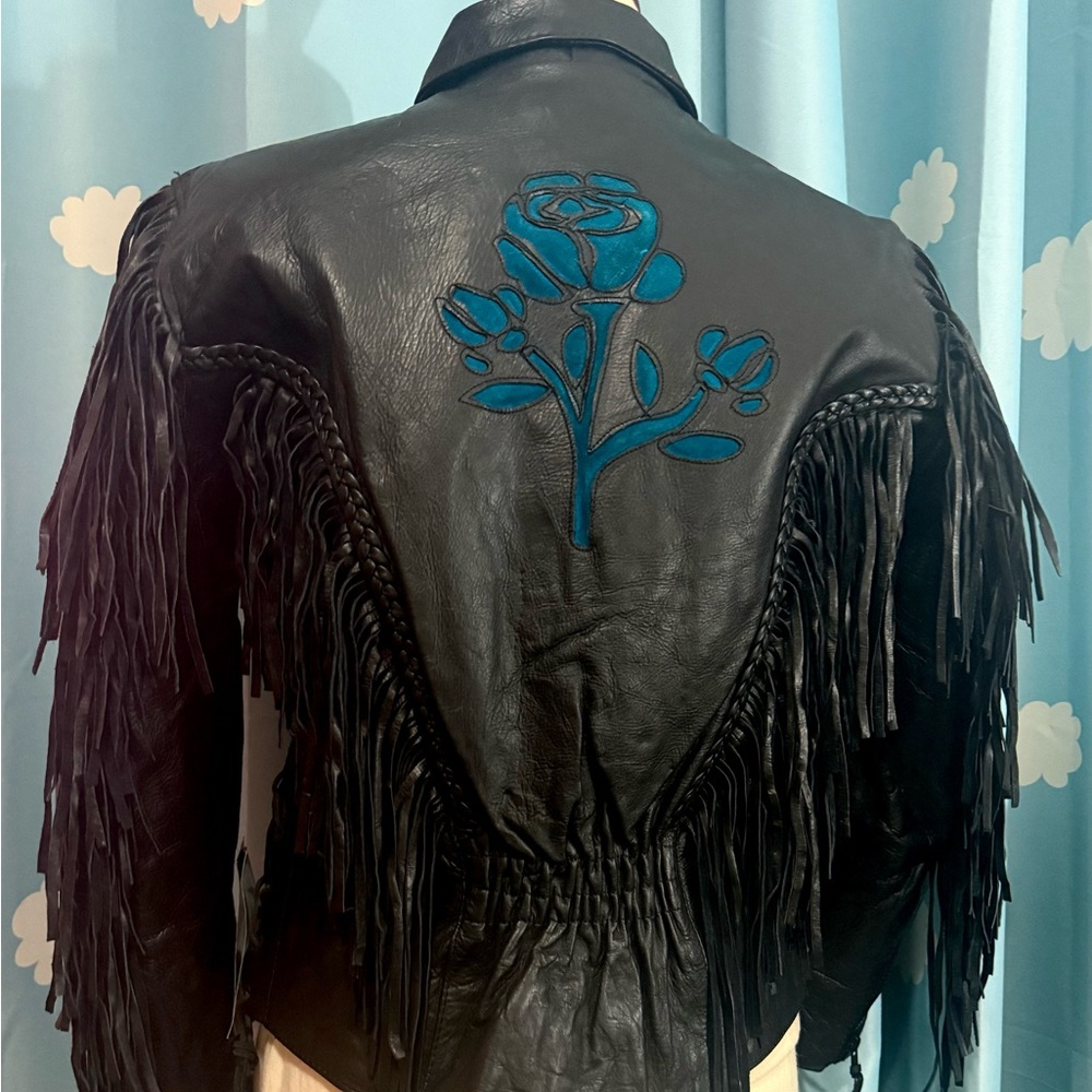NWT 80s leather fringe rose moto jacket- S-M - Picture 5 of 6